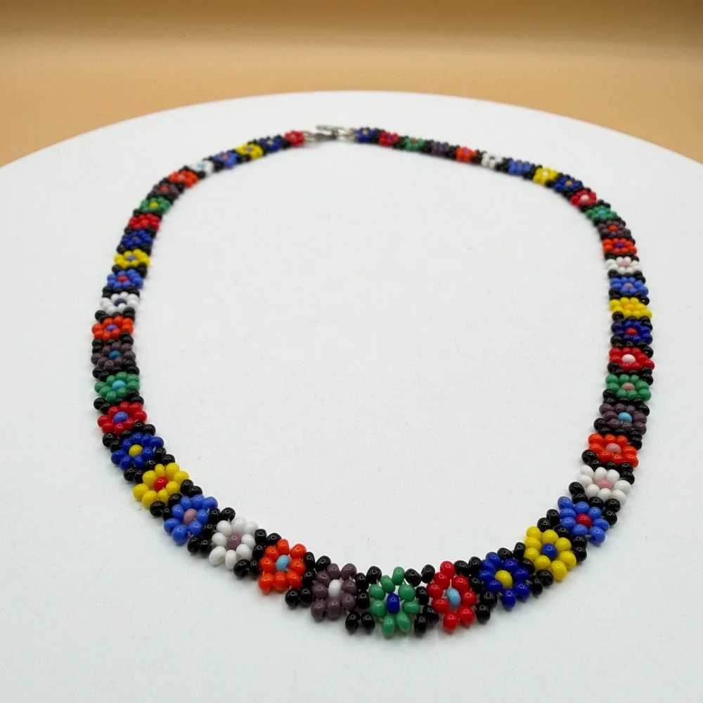 Multicolor Seed Bead Daisy Flower Choker Necklace Black Floral Boho Y2K Jewelry